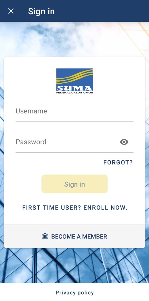 digital banking login screen